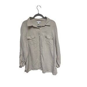Charter Club Women's Linen Shirt Top Beige Long Sleeve Button Down 20W‎